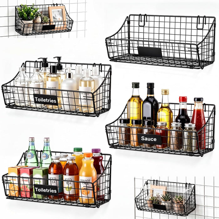 Blulu 4 Pcs Grid Wall Baskets, Wire with Hooks for Hanging, 15 x 7 x 6 Inch