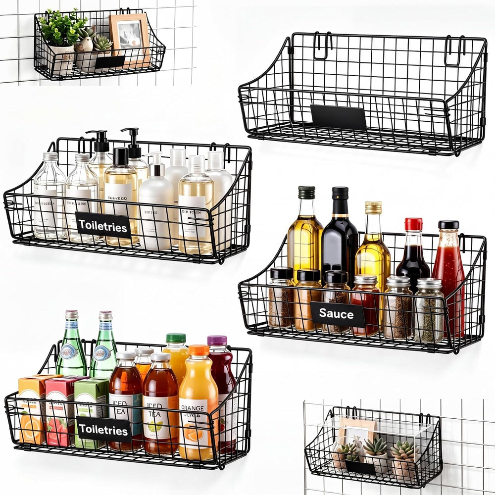 Blulu 4 Pcs Grid Wall Baskets, Wire with Hooks for Hanging, 15 x 7 x 6 Inch