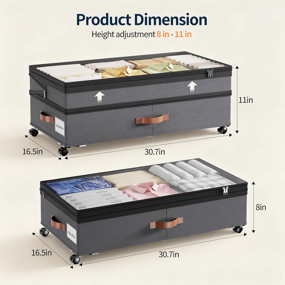Yecaye 90L Under Bed Storage with Wheels, Height Adjustable, 2 Pack, Grey