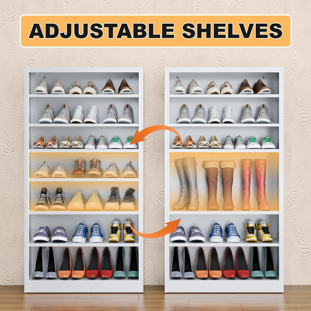 55" Metal Shoe Cabinet with Back Panel, 6 Adjustable Shelves (White)