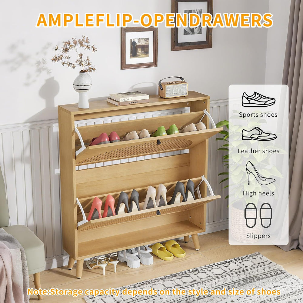 Fsbecl Shoe Storage Cabinet for Entryway with 2 Fluted Flip Drawers, Oak