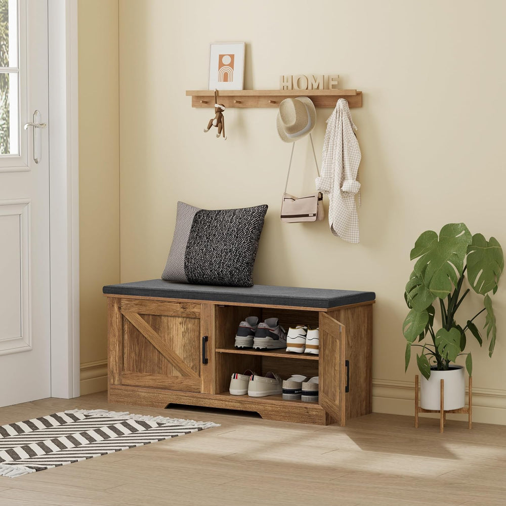 HOMSHO Farmhouse Shoe Storage Bench with 2 Barn Doors & Padded Seat Cushion