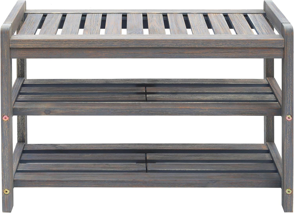 27-Inch 3-Tier Wooden Entryway Shoe Bench - Brush Grey