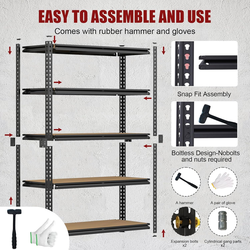 72" H Heavy Duty Garage Shelving, 2400LBS Capacity 5-Tier Storage Shelve...
