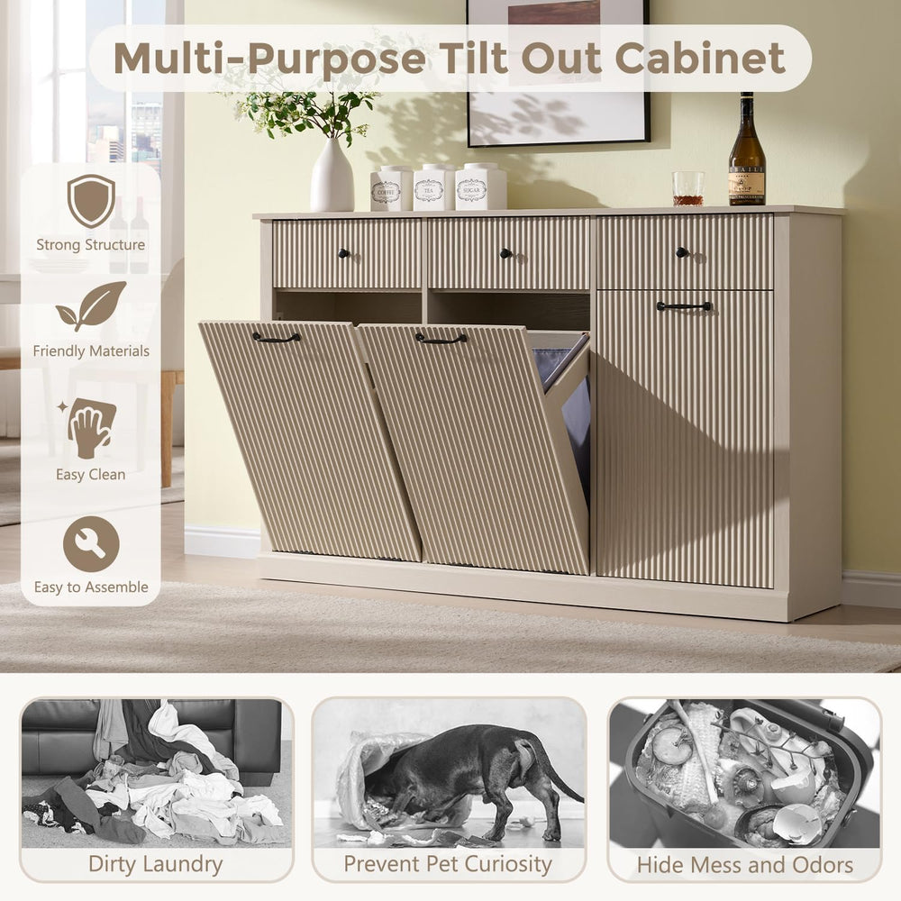 IFBUY Triple Tilt Out Laundry Hamper Cabinet, Trash Can Cabinet, Cream