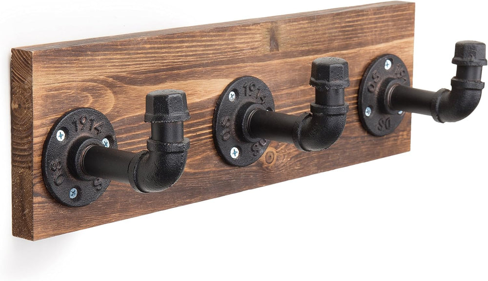 MyGift Wall Mounted Burnt Wood Coat & Hat Rack with 3 Hooks, Pipe Design