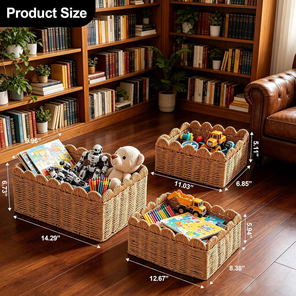 3 Pcs Wicker Storage Baskets for Shelves Picnic Basket,Scalloped Baskets, Han...