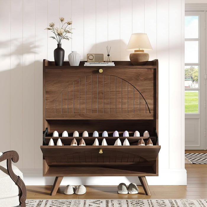 Decofy 37.6” Shoe Cabinet with 2 flip-Down Drawers, 3 Adjustable Levels, Suitable for Entryway, Hallway, Living Room (Walnut)