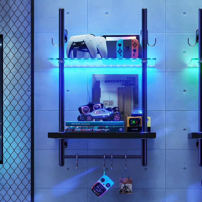 Bestier 15" Gaming Floating Shelves with LED Lights, Carbon Fiber Black