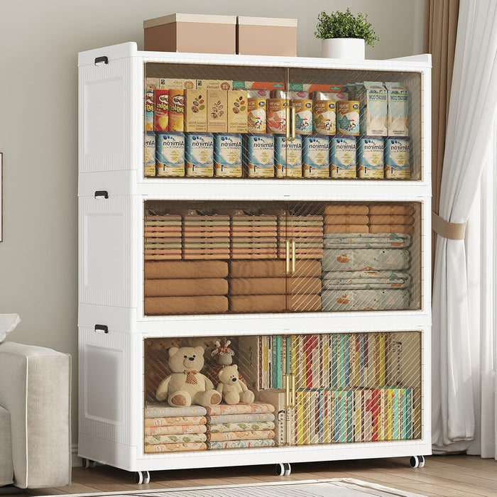 600QT Storage Bins with Lid Extra Large Stackable Closet Organizer Plastic Container Box, 150Gal 3-Tier Collapsible Cabinet with Wheels and Doors for Living Room Kitchen Office Dorm, White