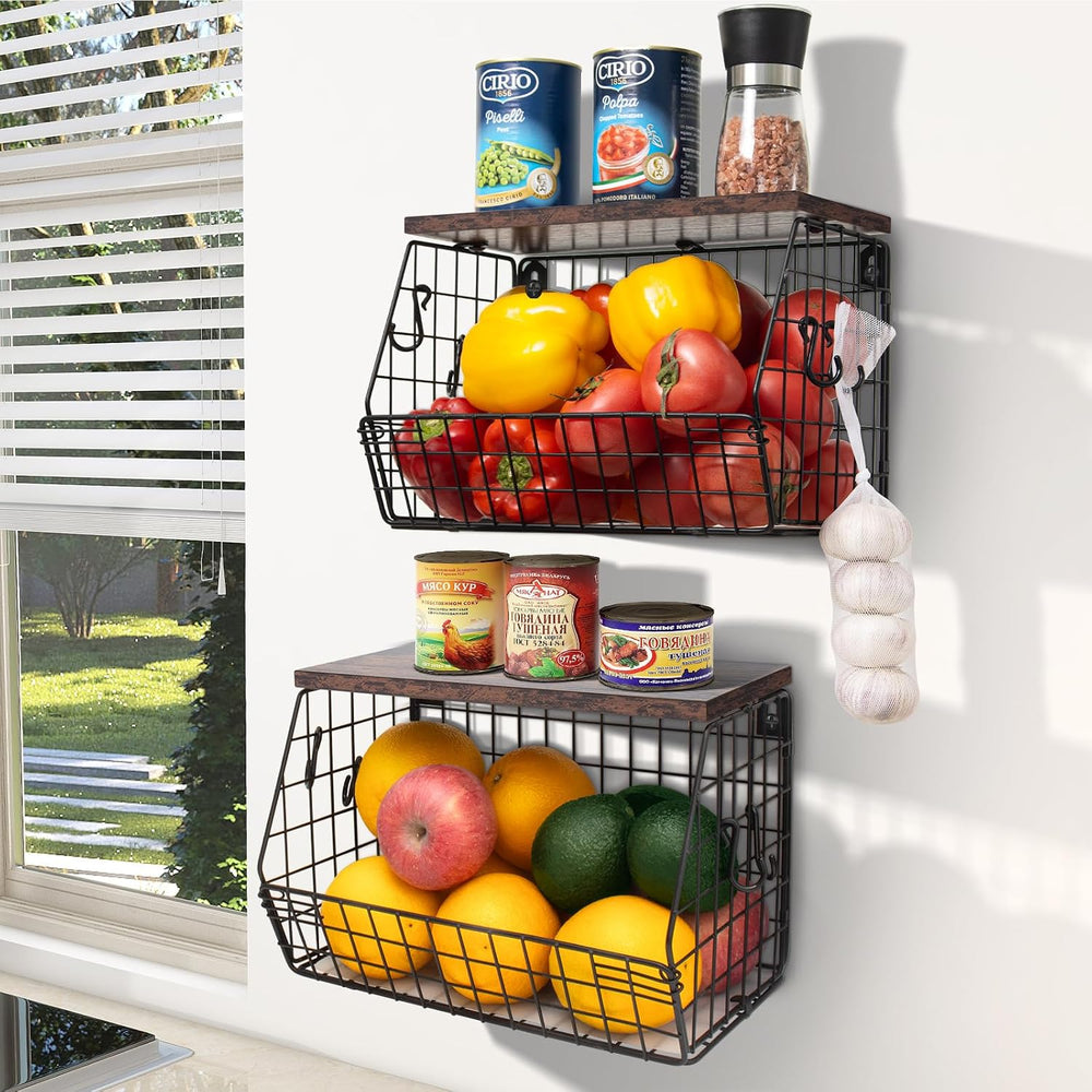 Mefirt Fruit Bowl, Stackable Wall Mounted Fruit Basket of Smooth Wood Lid wit...