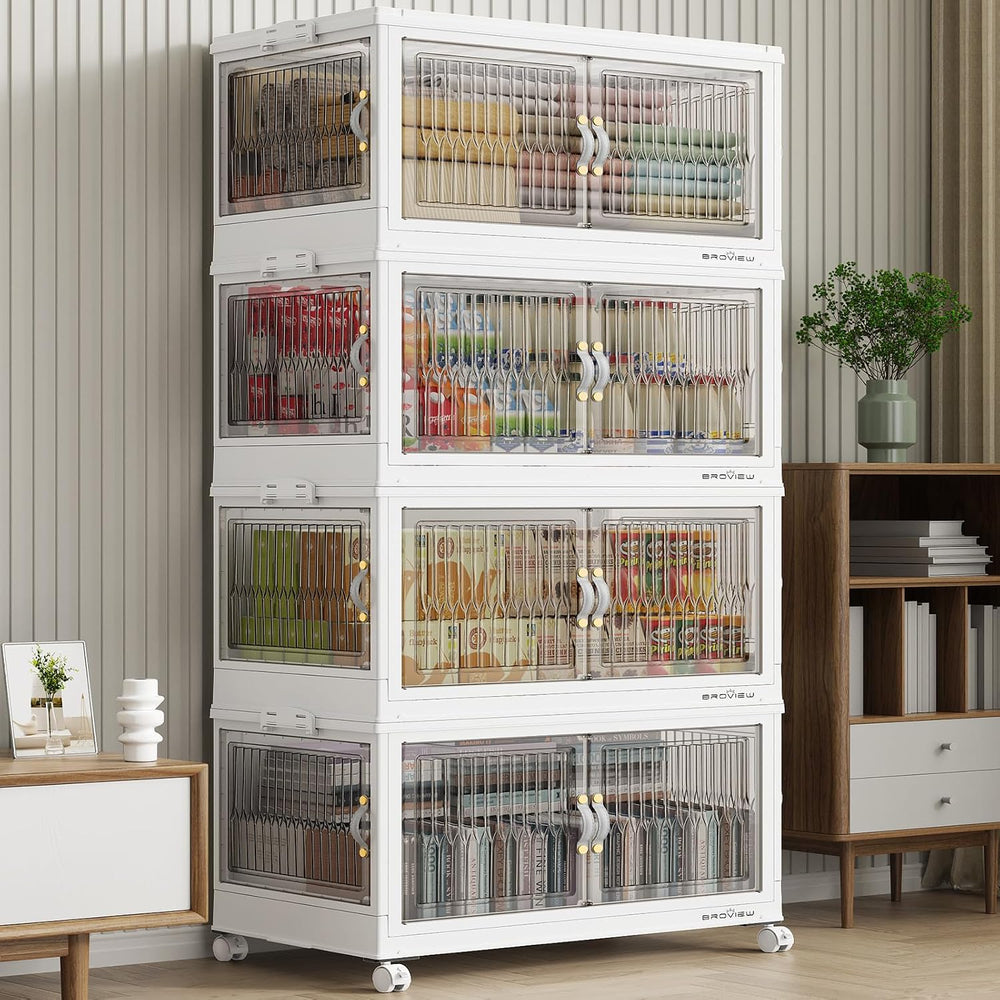 BROVIEW 480Qt Stackable Storage Bins with 4 Lids, Front and Side Open Doors, ...