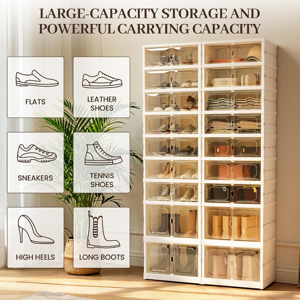 Foldable Shoe Rack, 9 Tier Collapsible Shoe Rack with Magnetic Doors, Large C...