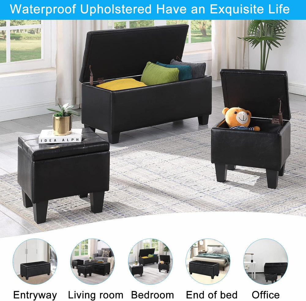 PU Leather Storage Ottomans Set of 3, Tufted Upholstered, Black
