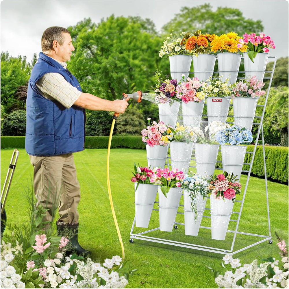 4 Layers Flower Display Stand with Buckets, 16 PCS Buckets Plant Stand with W...