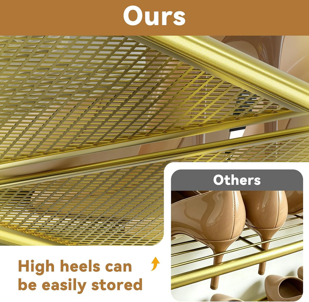 Modern Shoe Rack, 4 Tier Heavy Duty Metal Mesh Shoe Shelf 27 Inch Wide, Gold