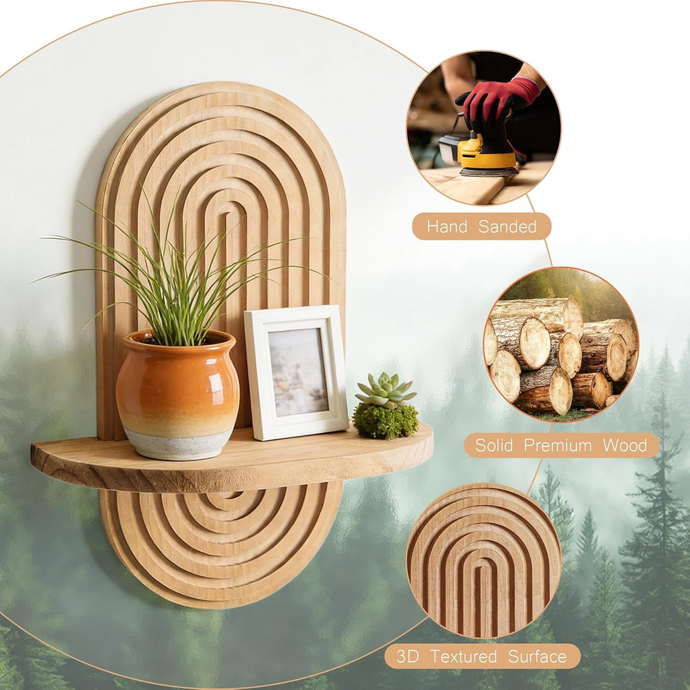 Heiple Set of 2 Boho Arched Floating Shelves 15.7”x 7.8” Plant Wooden Hanging...