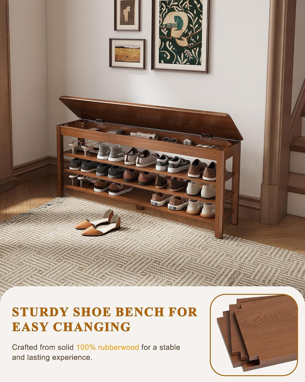 IUNVR Shoe Rack Bench Seat Rubberwood 3-Tier Wooden Storage Bench 550lbs Comp...