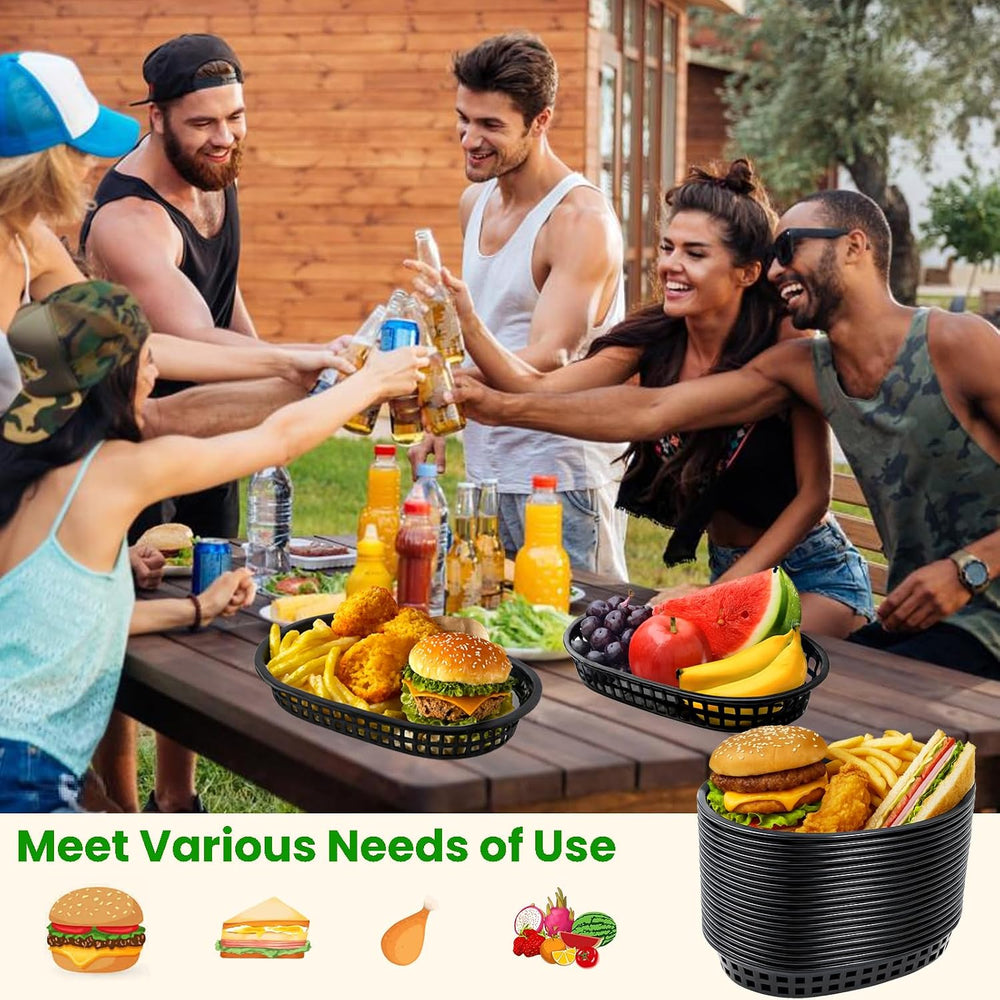 60 Pack Fast Food Baskets, 10.5 x 7 Inch Black Plastic Basket Restaurant Tray...