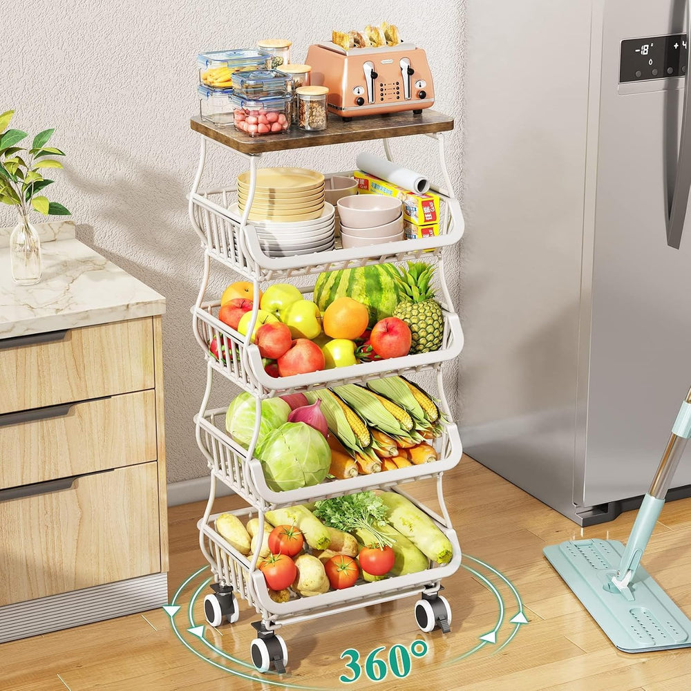 SAYZH 5-Tier Fruit and Vegetable Basket Stand for Kitchen, Wood Top, White