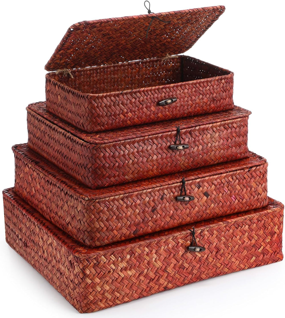 Didaey Set of 4 Seagrass Basket with Lid Wicker Storage Basket Decorative Sto...