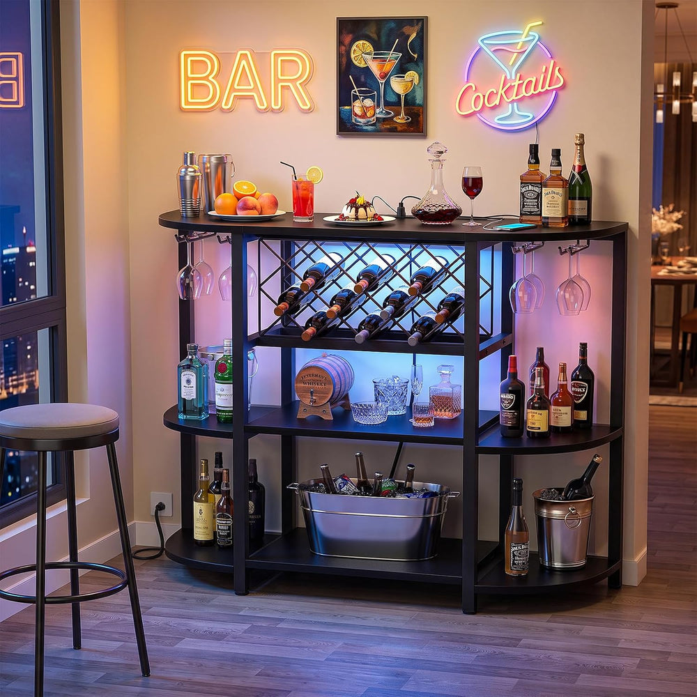 Unikito 4-Tier Metal Coffee Bar Cabinet with Outlet and LED Light