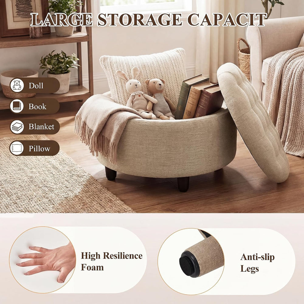 COLAMY Fabric Round Storage Ottoman with Reversible Tray Lid – Multi-Function...
