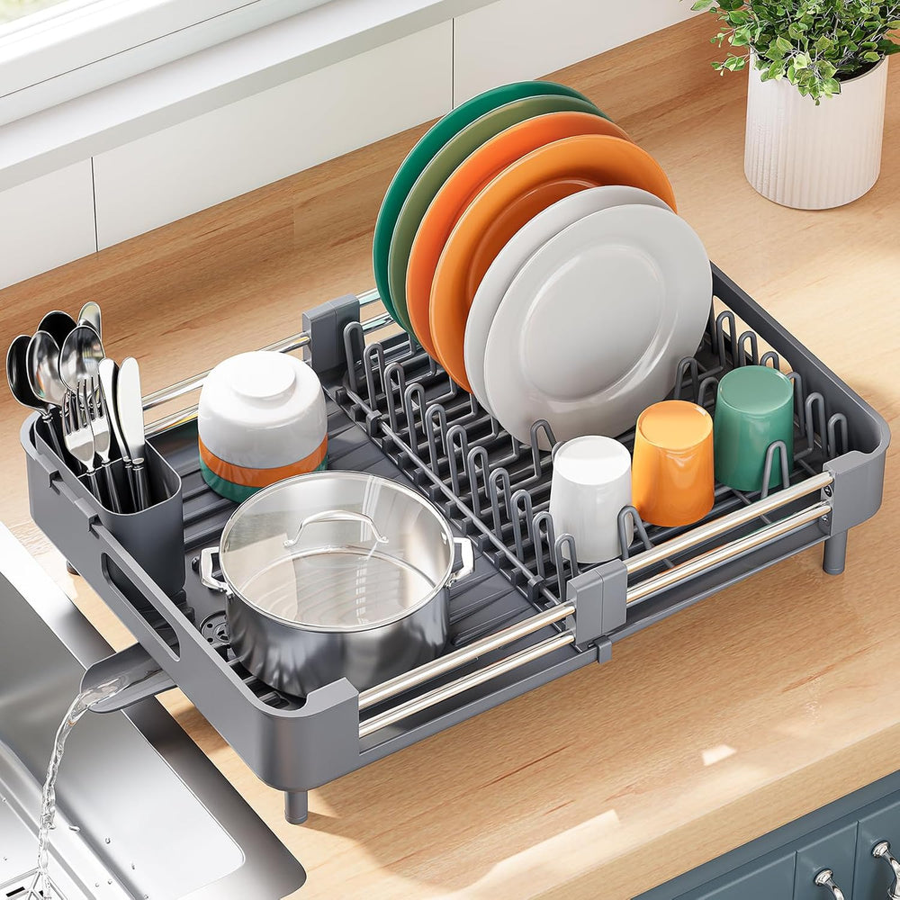 TOOLF Expandable Dish Drying Rack for Kitchen Counter, Standard, Grey
