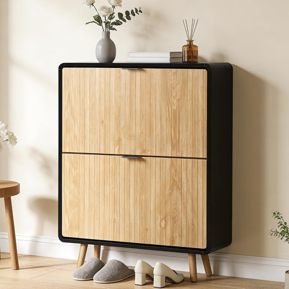 FurSch Fluted Shoe Storage Cabinet with 2 Flip Drawers, Narrow Shoe Rack Cabi...