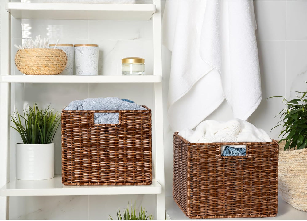 Wicker Storage Basket - Large 12x12x10in Cube, Woven Wicker for Shelves, Pant...