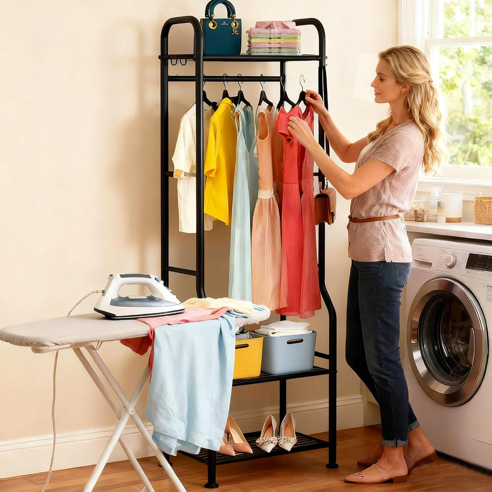 GloTika Narrow Clothes Rack with 3 Metal Shelves, 72" Tall, Black