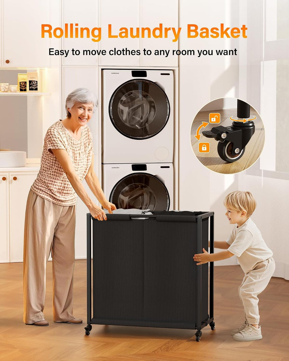 Laundry Hamper Basket 2 Section : Rolling Laundry Sorter Organizer with Wheel...