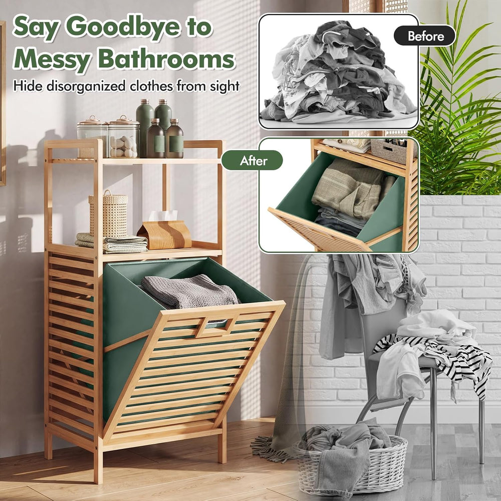 RELAX4LIFE Laundry Hamper Bamboo W/Removable Liner, 2-Tier Shelves Tilt-out D...