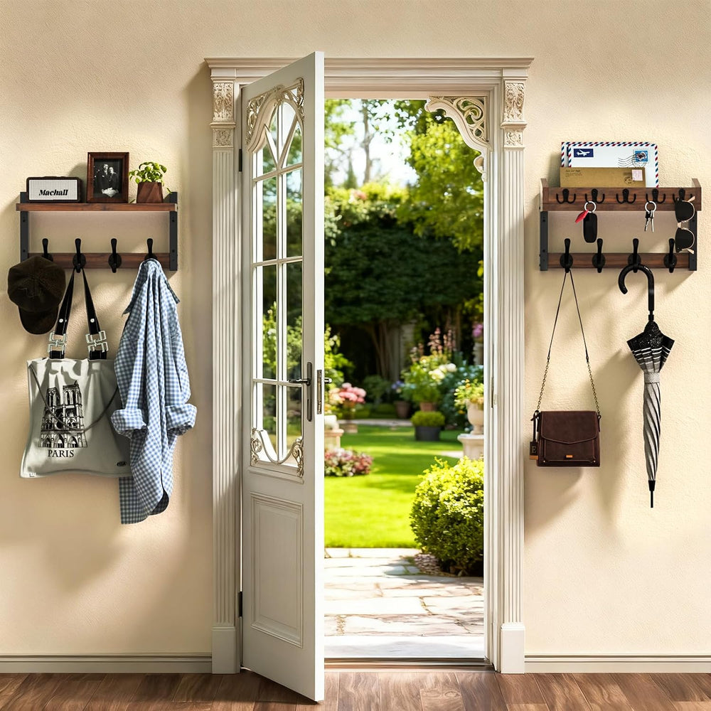 35'' Long Rustic Coat Rack Wall Mount with Shelf, Solid Wood Coat and...
