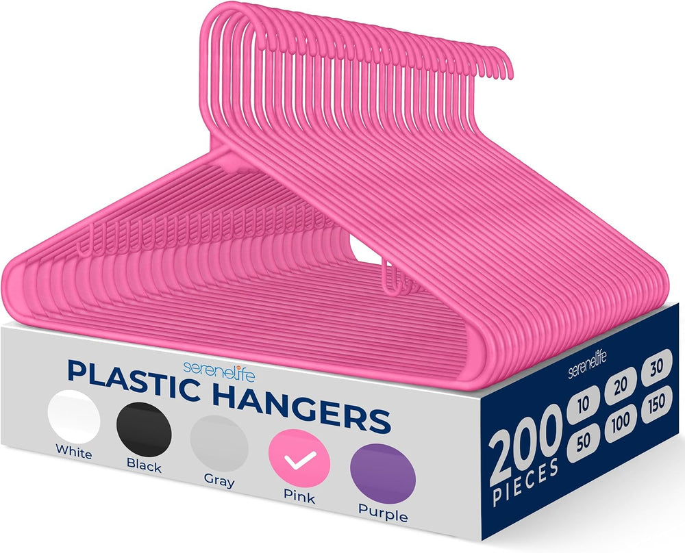 SereneLife 200 Pink Plastic Hangers Non-Slip Coat and Clothes Hanger Set Slim...