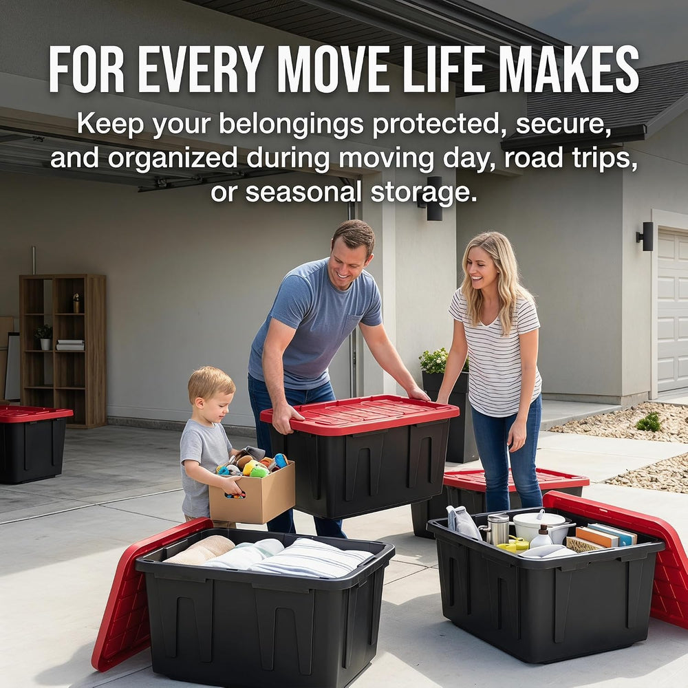 4‑Pack 27 Gallon Stackable Storage Bin, Locking Red Lid Black Body