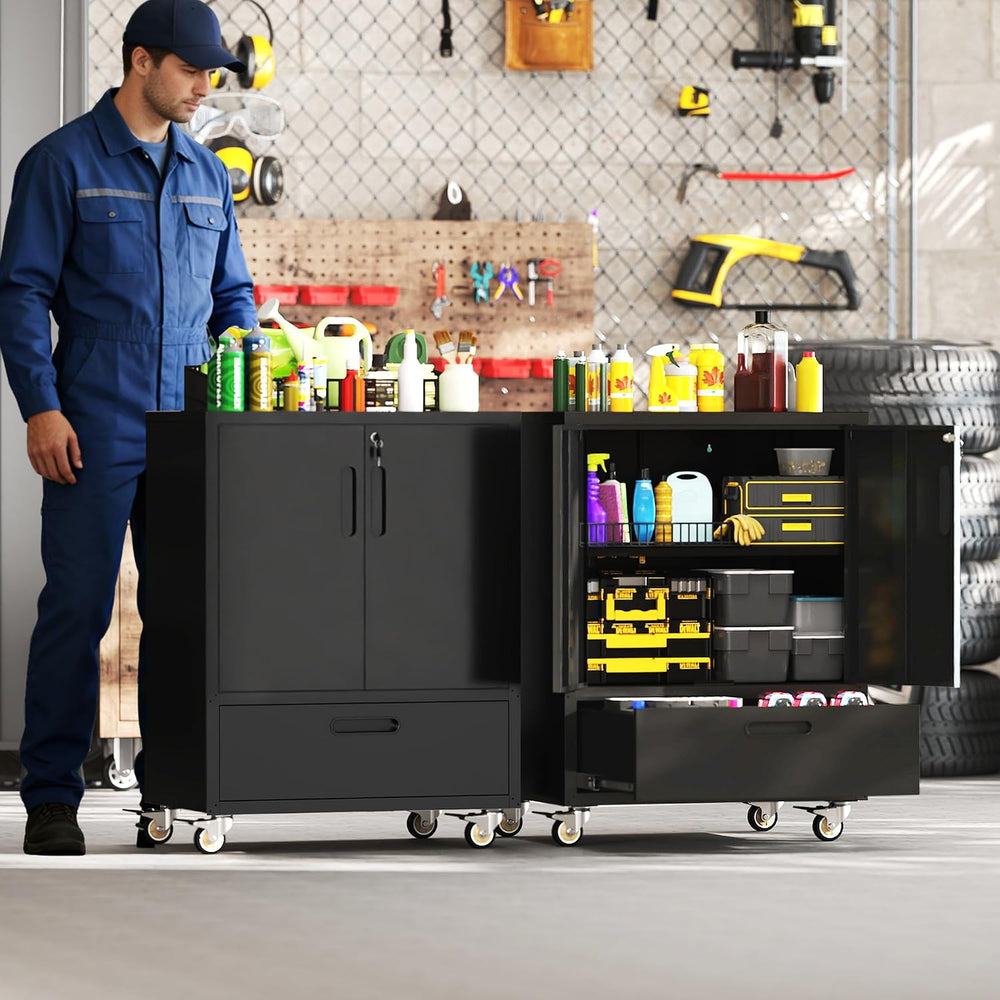 Metal Garage Storage Cabinet on Wheels, Lockable Rolling Tool Cabinet