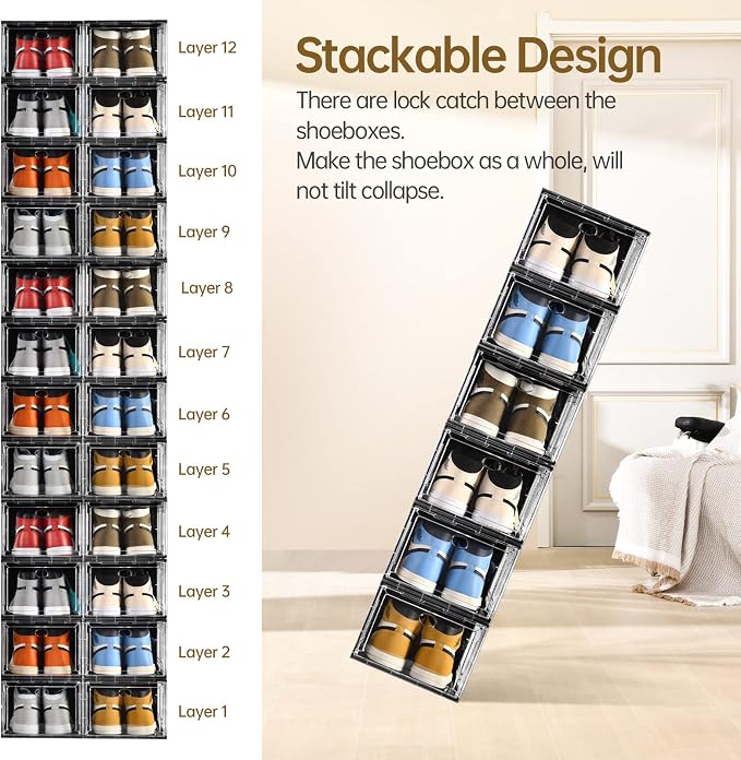 10 Pack Shoe Boxes Stackable, Upgraded Sturdy Storage Boxes