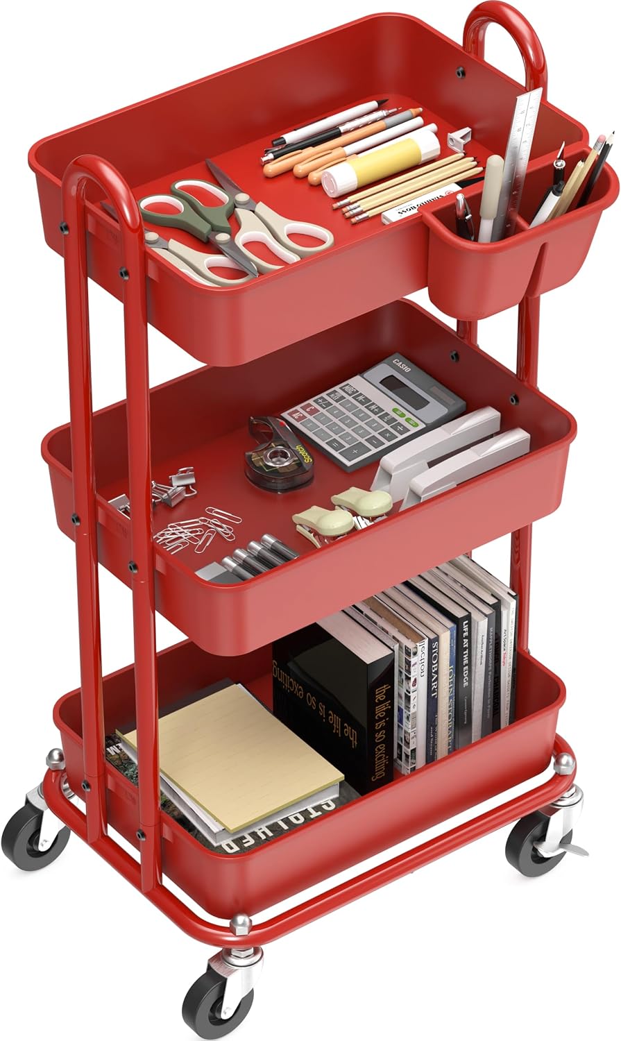 Simple Houseware 3-Tier Rolling Utility Cart with Hanging Bucket, Red