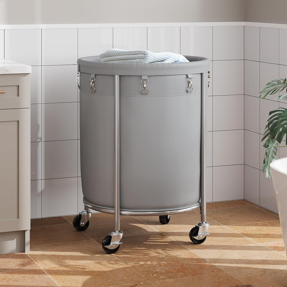 ELYKEN Laundry Basket with Wheels, Round Rolling Laundry Hamper, Gray