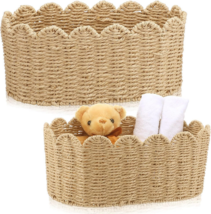 2 Pcs Scalloped Basket Set Hand-woven Baskets with Scalloped Design, 16 x 10 x 7 Inch & 14 x 8 x 6 Inch for Living Room Bedroom Laundry Nursey Storage