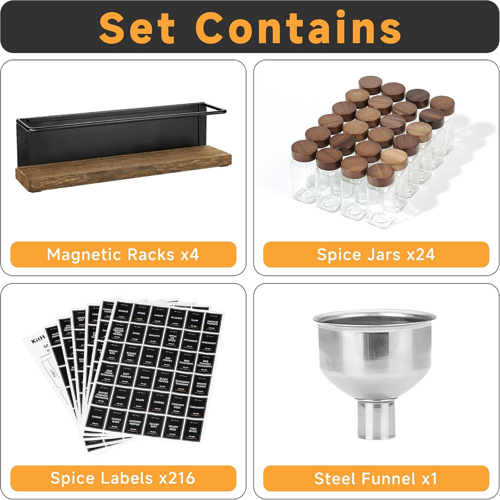 Wooden Lid Magnetic Spice Rack with 24 Jars, 216 Labels, 1 Steel Funnel for R...