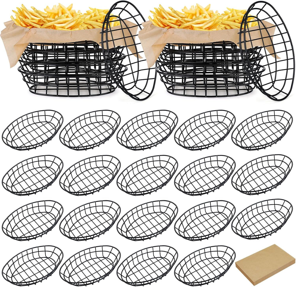 Hushee 24 Pcs Wire Fast Food Basket with 100 Sheets Deli Paper