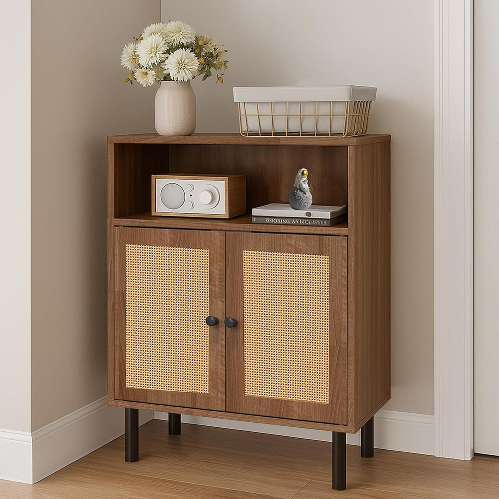 Rattan Storage Cabinet, Boho Accent Cabinet with Double Doors