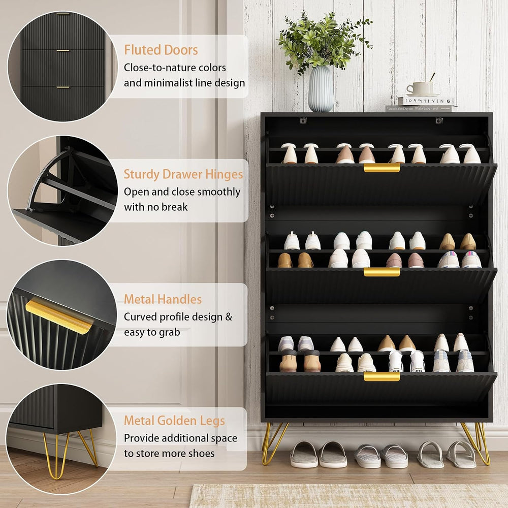 Fluted Shoe Cabinet with 3 Flip Drawers, Gold Handle and Metal Legs, Black丨Fl...
