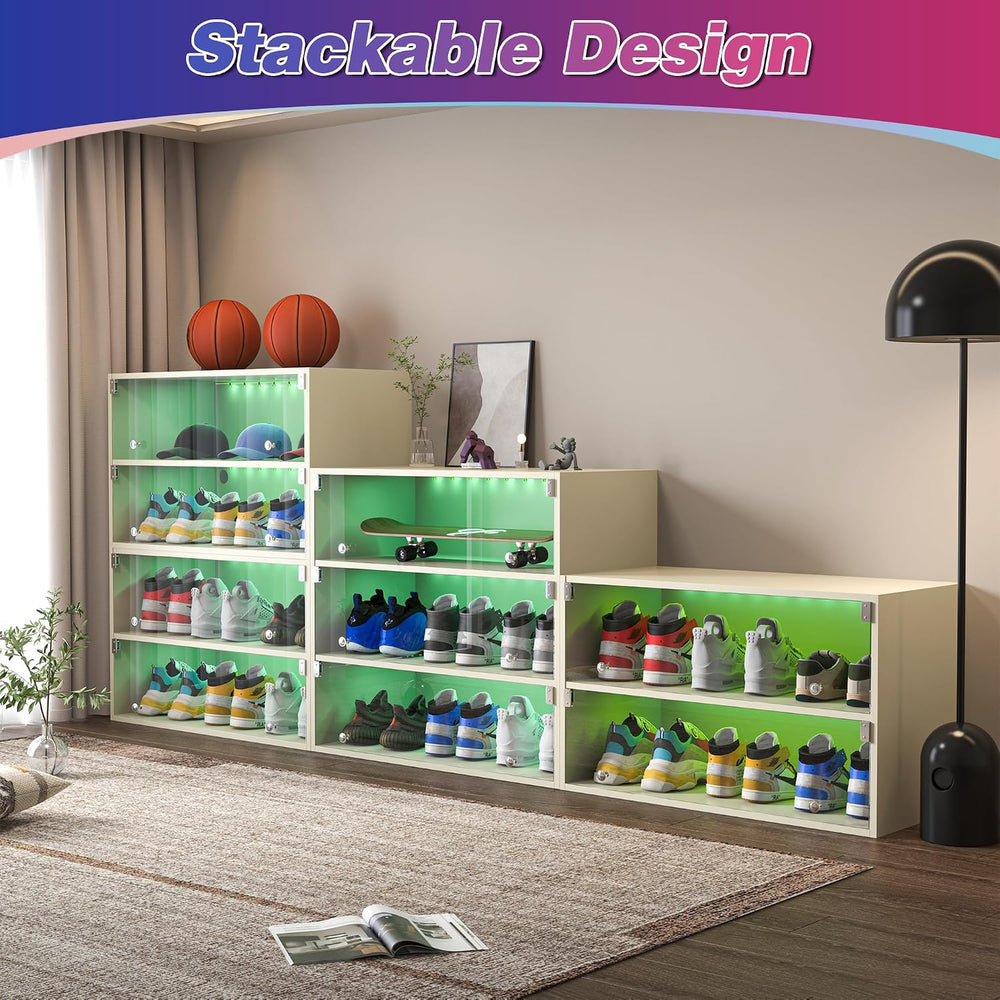 Wooden Shoe Storage Box, 2 Layers Shoe Organizer Storage Box with Glass Door,...