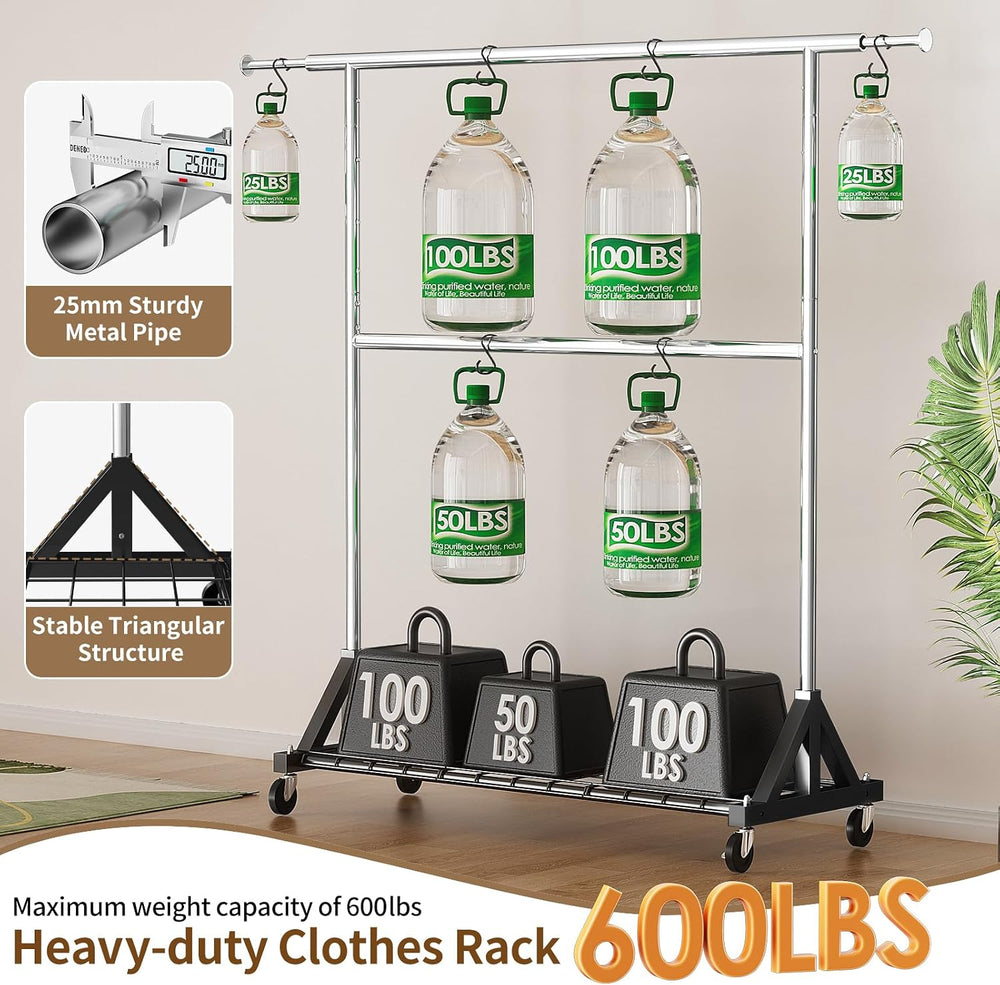 Luxspire Heavy Duty Clothes Rack with Lockable Wheels Load 600 LBS, Silver