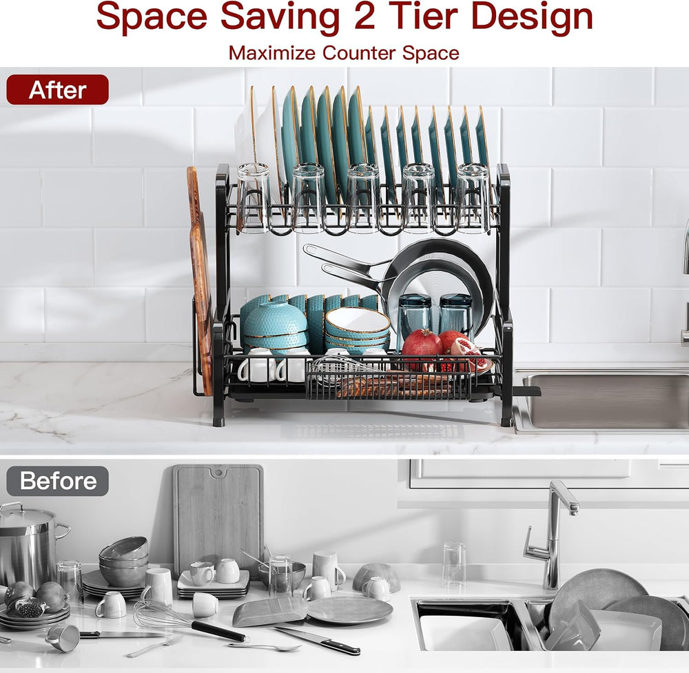 2 Tier Black Stainless Steel Dish Drying Rack for Kitchen Counter