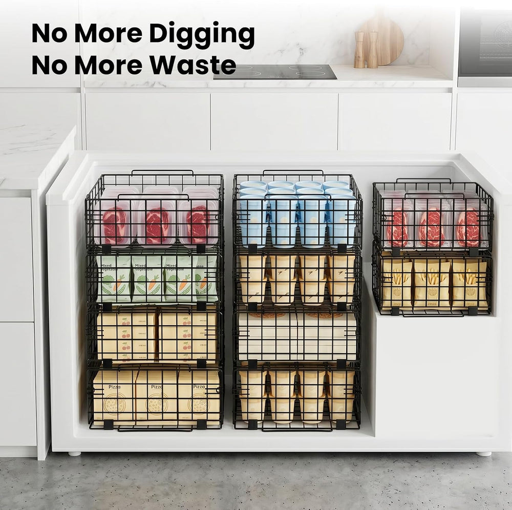 Reinforced Freezer Organizer Bins, 4 Pack Heavy Duty Metal Freezer Baskets, S...