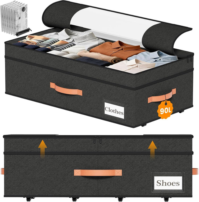 TOSKING 2-Pack Under Bed Storage Drawers with Wheels, 6 Vacuum Bags, Adjustable Height 7.9-10.2", Large 90L/80 lbs Clear Lid, 900D Oxford, Space Saver for Dorm Bedroom, Blankets, Clothes, Shoes, Black